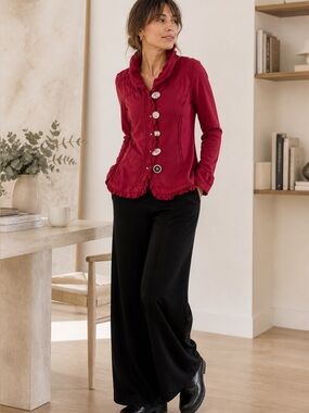 Neon Buddha Button-Up Pink fushia Jacket Ruffled Trim, crystal buttons & Pockets